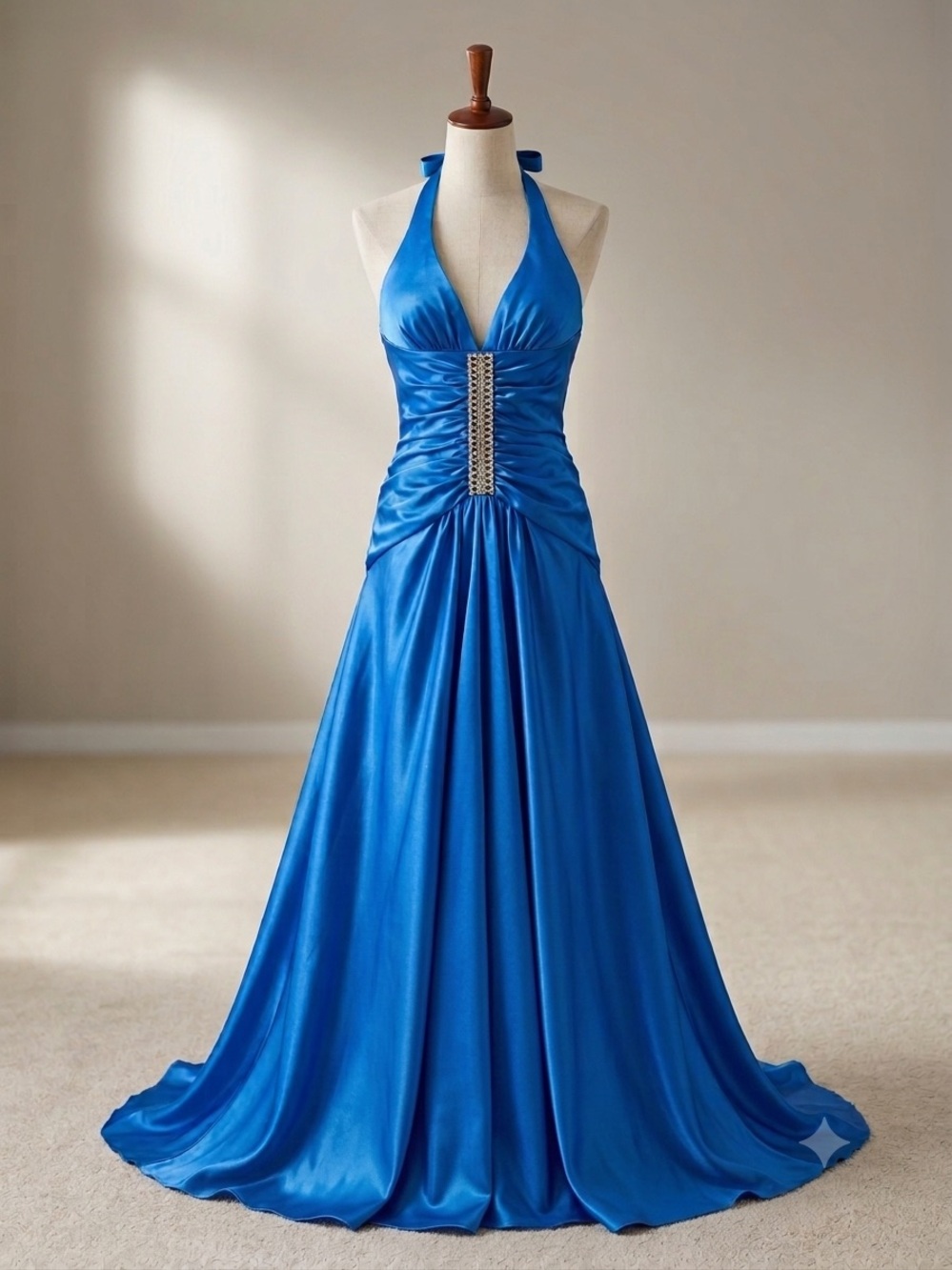 Jessica McClintock Royal Blue Halter Prom Gown with Rhinestone Bodice